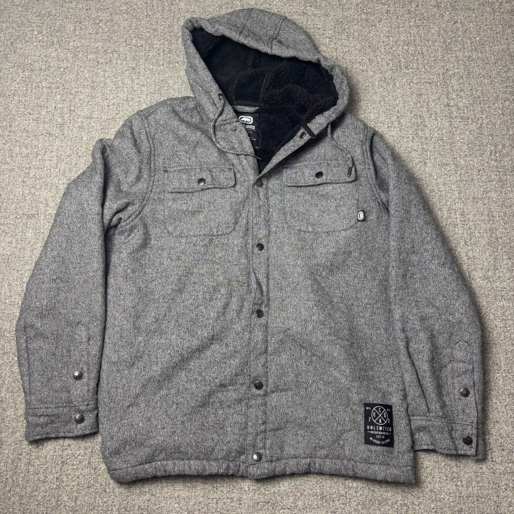 Ecko Unltd Jacket Mens L Grey Hooded Sherpa Lined Shirt Jacket Streetwear Rhino